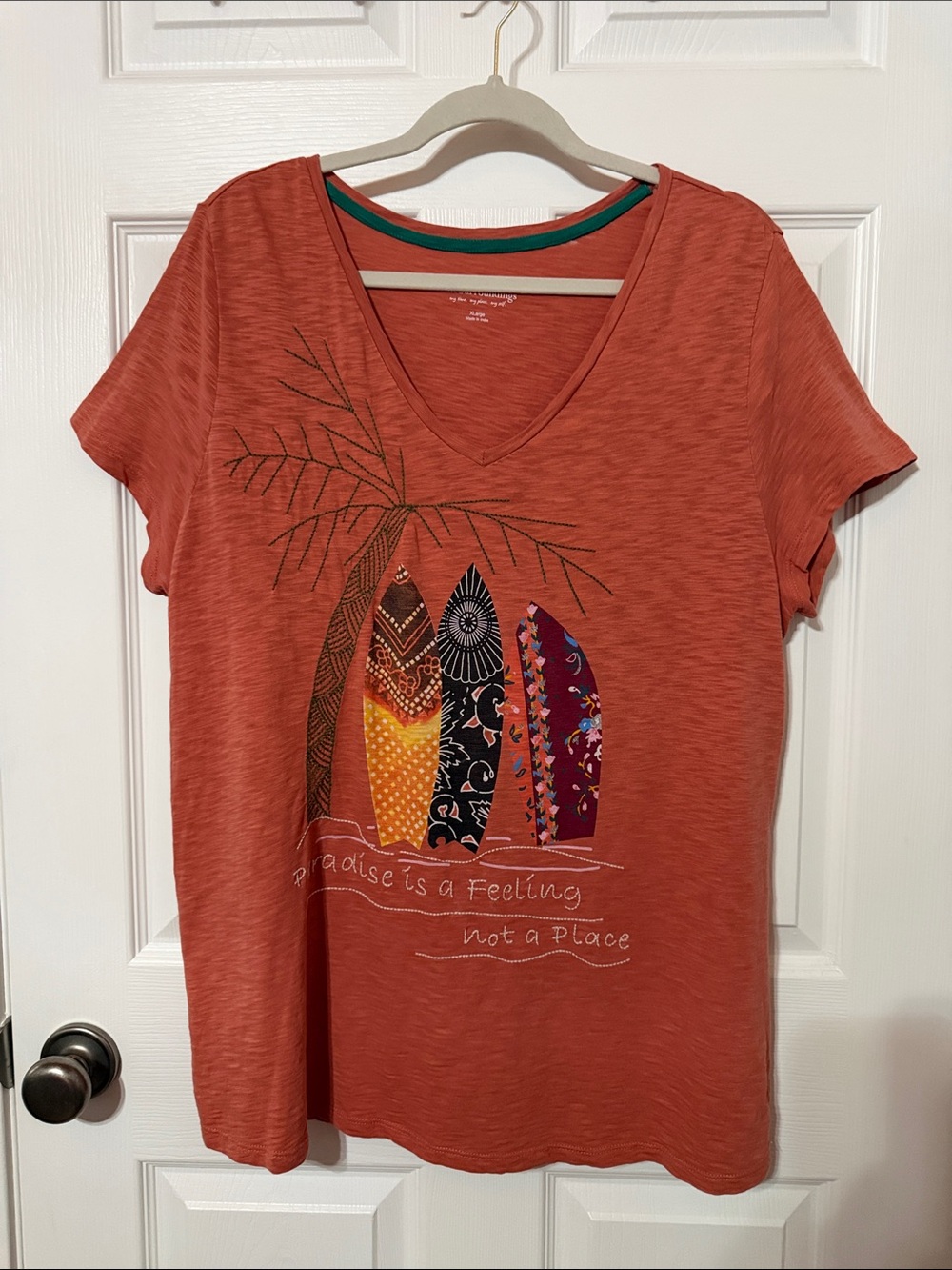 Soft Surroundings Rust Short-Sleeve V-Neck Tee with Surfboard Palm Graphic